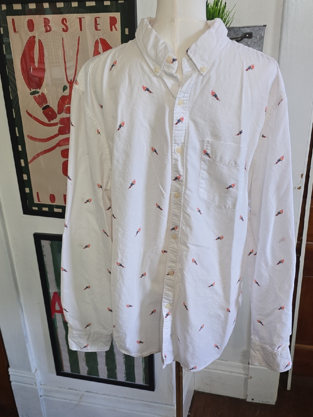 American Eagle Outfitters White Button-Down Shirt with Small Red Parrot Mens Xl